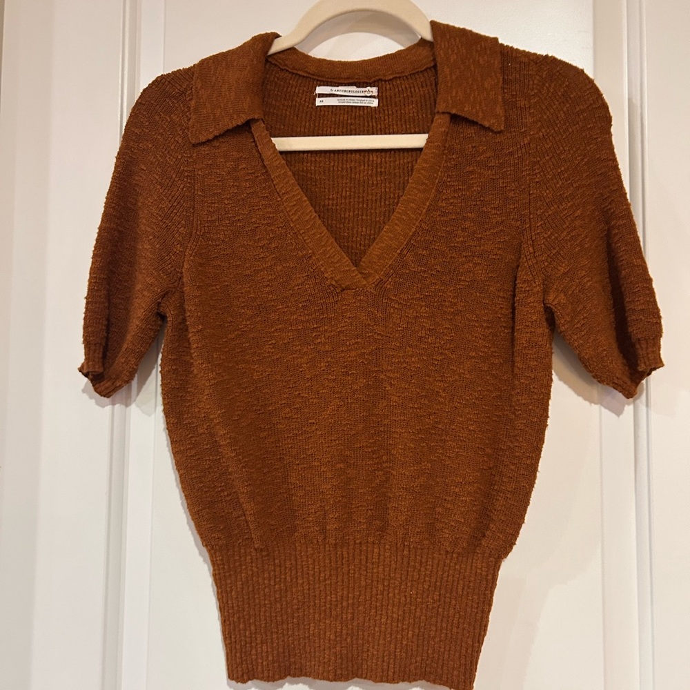 🤎 Like New 🤎Anthropologie Warm Brown Knit V-neck collar Sweater Top🤎